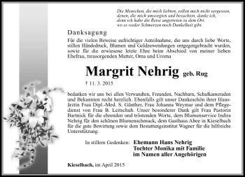 Traueranzeige von Margrit Nehrig von Südthüringer Presse