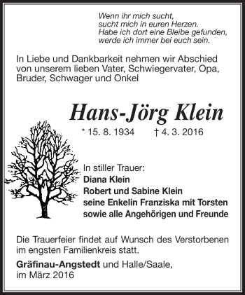 Traueranzeige von Hans-Jörg Klein von Südthüringer Presse