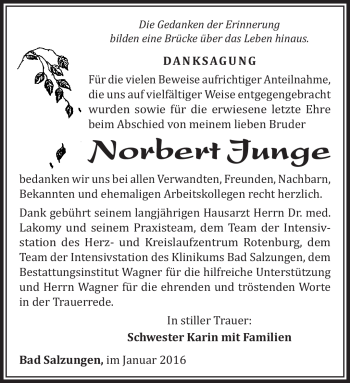Traueranzeige von Norbert Junge von Südthüringer Presse