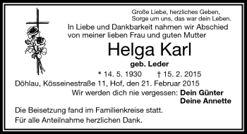 Traueranzeige von Helga Karl von Frankenpost