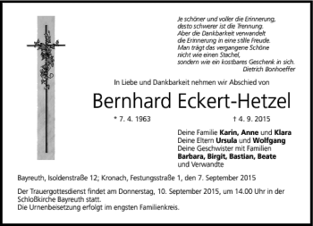 Traueranzeige von Bernhard Eckert-Hetzel von Neue Presse Coburg