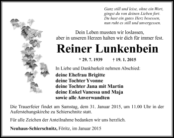 Traueranzeige von Reiner Lunkenbein von Südthüringer Presse