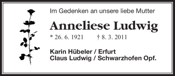 Traueranzeige von Anneliese Ludwig von Südthüringer Presse