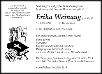 Traueranzeige von Erika Weinaug von Südthüringer Presse