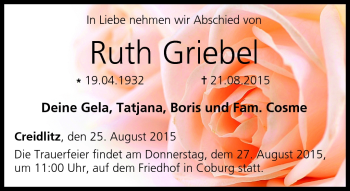 Traueranzeige von Ruth Griebel von Neue Presse Coburg