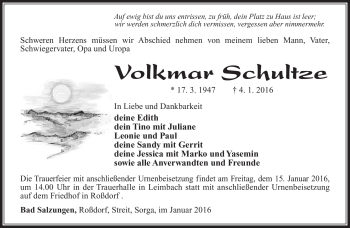 Traueranzeige von Volkmar Schultze von Südthüringer Presse