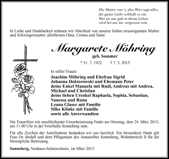 Traueranzeige von Margarete Möhring von Südthüringer Presse