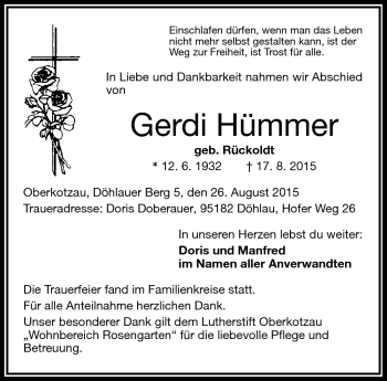 Traueranzeige von Gerdi Hümmer von Frankenpost