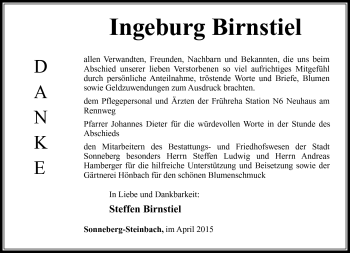 Traueranzeige von Ingeburg Birnstiel von Südthüringer Presse