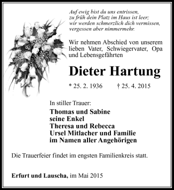 Traueranzeige von Dieter Hartung von Südthüringer Presse