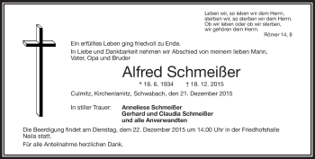 Traueranzeige von Alfred Schmeißer von Frankenpost