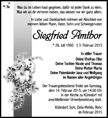 Traueranzeige von Siegfried Amthor von Südthüringer Presse