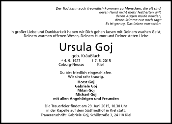 Traueranzeige von Ursula Goj von Neue Presse Coburg