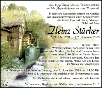 Traueranzeige von Heinz Stärker von Südthüringer Presse
