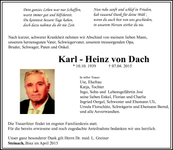 Traueranzeige von Karl-Heinz von Dach von Südthüringer Presse