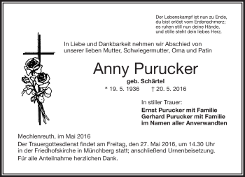 Traueranzeige von Anny Purucker von Frankenpost