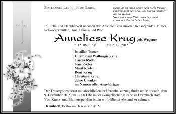 Traueranzeige von Anneliese Krug von Südthüringer Presse