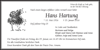 Traueranzeige von Hans hartung von Frankenpost