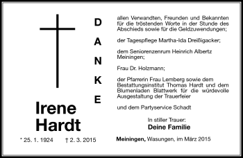 Traueranzeige von Irene Hardt von Südthüringer Presse