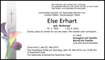 Traueranzeige von Else Erhart von Neue Presse Coburg