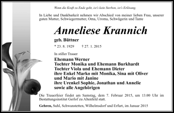 Traueranzeige von Anneliese Krannich von Südthüringer Presse