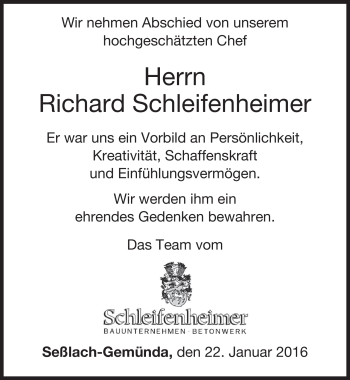 Traueranzeige von Richard Schleifenheimer von Neue Presse Coburg