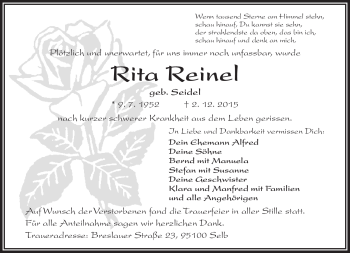 Traueranzeige von Rita Reinel von Frankenpost