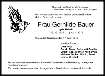Traueranzeige von Gerhilde Bauer von Frankenpost
