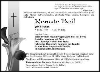 Traueranzeige von Renate Beil von Südthüringer Presse