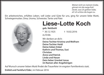 Traueranzeige von Liese_Lotte Koch von Südthüringer Presse