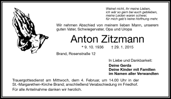 Traueranzeige von Anton Zitzmann von Frankenpost
