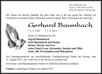 Traueranzeige von Gerhard Baumbach von Südthüringer Presse
