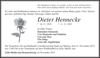 Traueranzeige von Dieter Hennecke von Südthüringer Presse