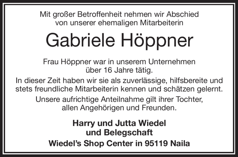  Traueranzeige für Gabriele Höppner vom 07.12.2015 aus Frankenpost