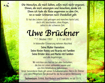 Traueranzeige von Uwe Brückner von Südthüringer Presse