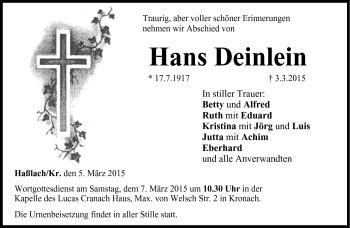 Traueranzeige von Hans Deinlein von Neue Presse Coburg