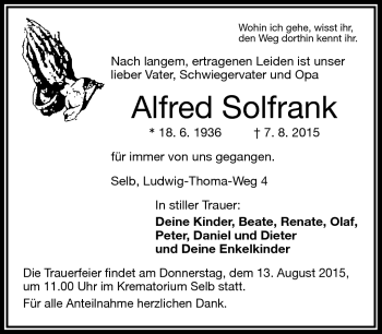 Traueranzeige von Alfred Solfrank von Frankenpost