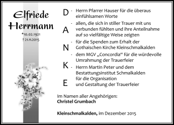 Traueranzeige von Elfriede Herrmann von Südthüringer Presse