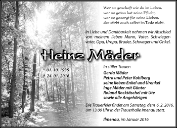 Traueranzeige von Heinz Mäder von Südthüringer Presse
