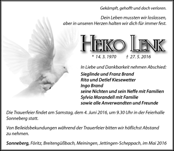 Traueranzeige von Heiko Lenk von Südthüringer Presse