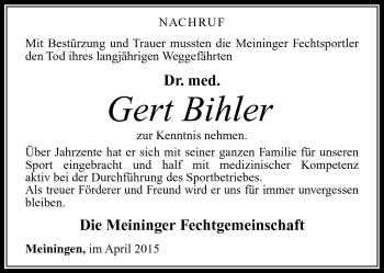 Traueranzeige von Gert Bihle von Südthüringer Presse