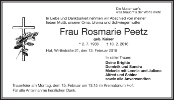 Traueranzeige von Rosmarie Peetz von Frankenpost