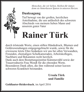 Traueranzeige von Rainer Türk von Südthüringer Presse