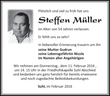Traueranzeige von Steffen Müller von Südthüringer Presse
