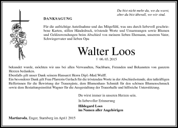 Traueranzeige von Walter Loos von Südthüringer Presse