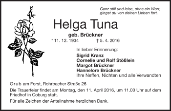 Traueranzeige von Helga Tuna von Neue Presse Coburg