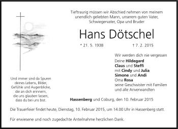 Traueranzeige von Hans Dötschel von Neue Presse Coburg