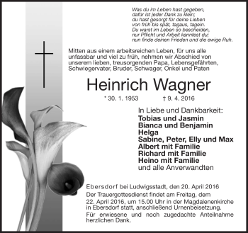 Traueranzeige von Heinrich Wagner von Neue Presse Coburg