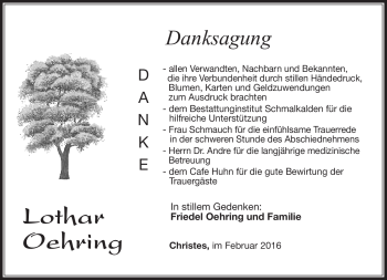 Traueranzeige von Lothar Oerhing von Südthüringer Presse