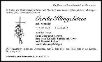 Traueranzeige von Gerda Klingelstein von Südthüringer Presse